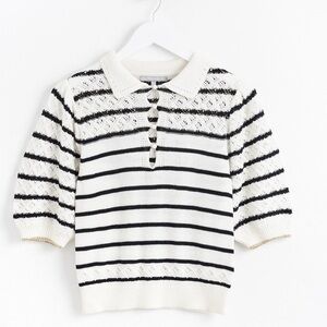 Oliver Bonas Woman's Black and White Striped Knit Top with Pearl Button Detail 2